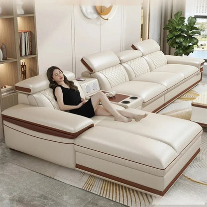 MINGDIBAO Premium Italian Genuine Leather Sofa Set for Living Room with Adjustable Headrests, Bluetooth Speaker, Wireless Charge