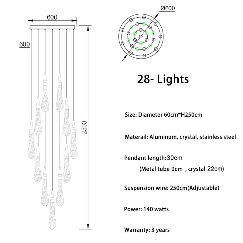 Modern crystal light chandelier for staircase large gold drop design led cristal lamp long villa lobby hanging lighting fixture