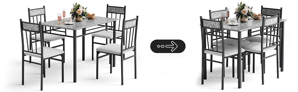 5-piece 4-person Dining Table Set, Imitation Marble Kitchen Table and Chairs 4-piece Set, Metal and Wooden Dining Table Set