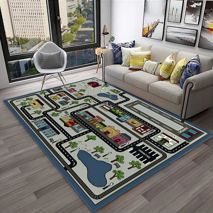 Child Playmat Traffic Highway City Playroom Carpet Rug for Home Living Room Bedroom Doormat Decor, Area Rug Non-slip Floor Mat