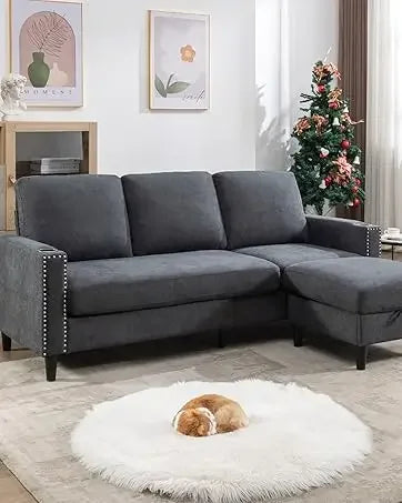 Convertible Sectional Couches for Living Room, L-Shaped Couch 3 Seats Sofas with Storage Chaise & 2 Cup Holders, Small Sofa