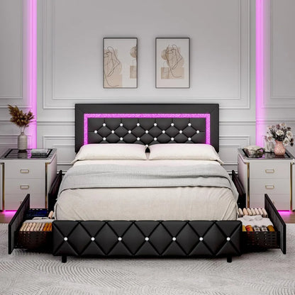 Queen Size Bed Frame with LED Lights, Upholstered Bed Frame with 4 Storage Drawers, with Diamond Headboard and Footboard