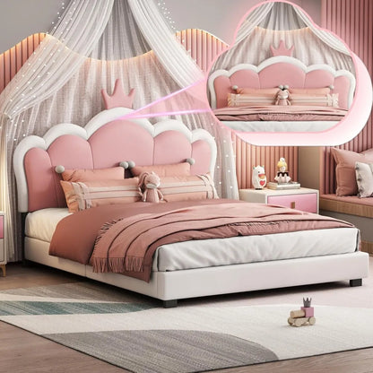 Full-Size Upholstered Princess Bed with Crown Headboard, Full Size Platform Bed with Headboard and Footboard Suitable for girls