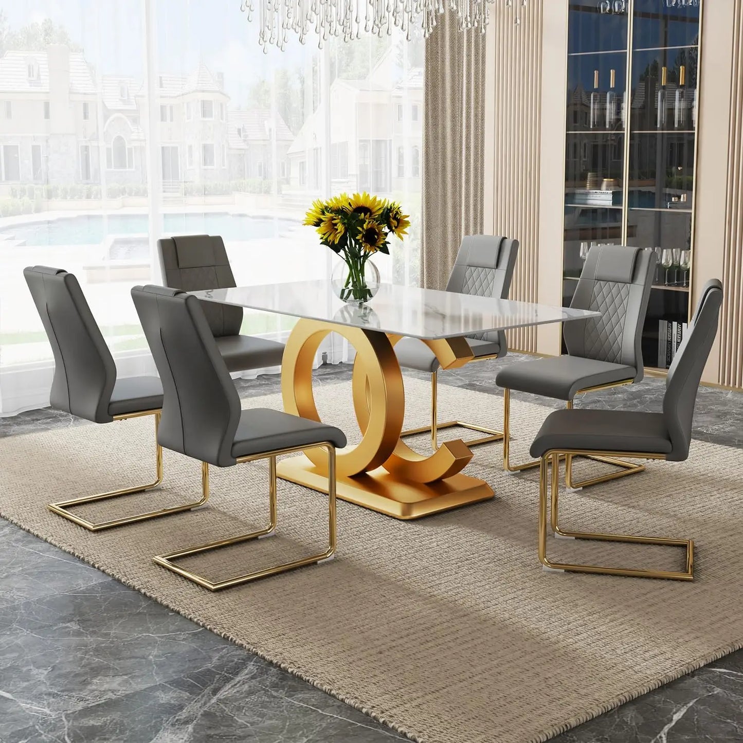 Dining Table Set for 6,Glass Table Top and MDF Base，Rectangular Dining Room Table with 6 PU Leather Upholstered Dining Chairs