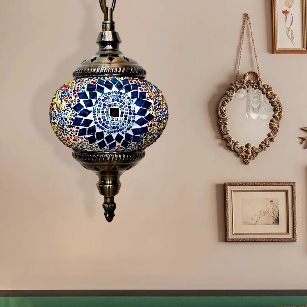 Turkish Moroccan Mosaic Hanging Ceiling Lamp E27 Decorative Glass Globe Fixture Romantic Restaurant Club Single Head Chandelier