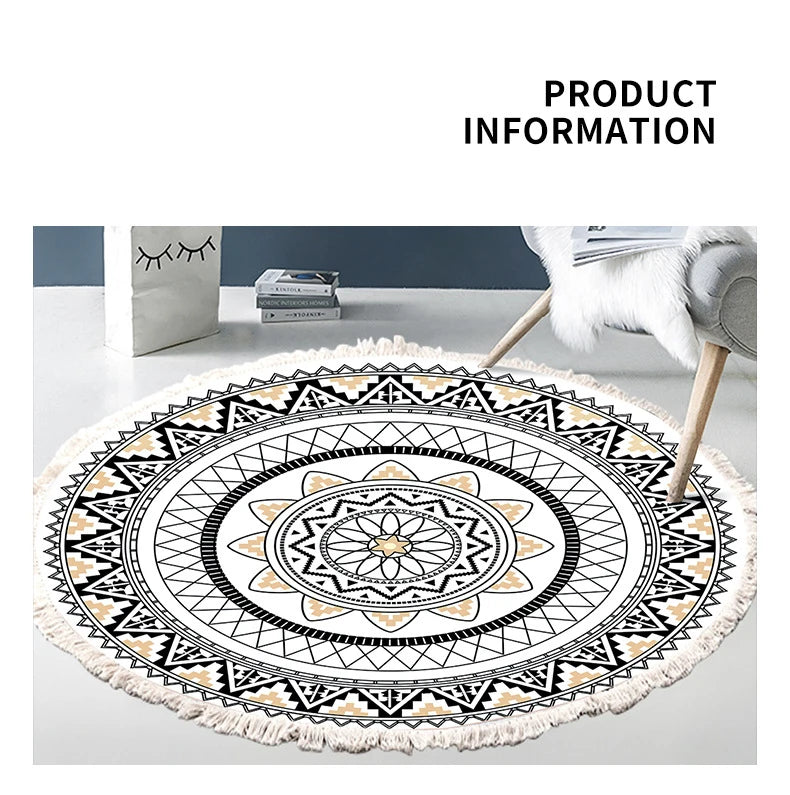 Hand Woven Cotton Linen Carpet Retro Bohemian Round Bedside Geometric Floor Mat Living Room Home Decor Boho Mandala Tassel Rug