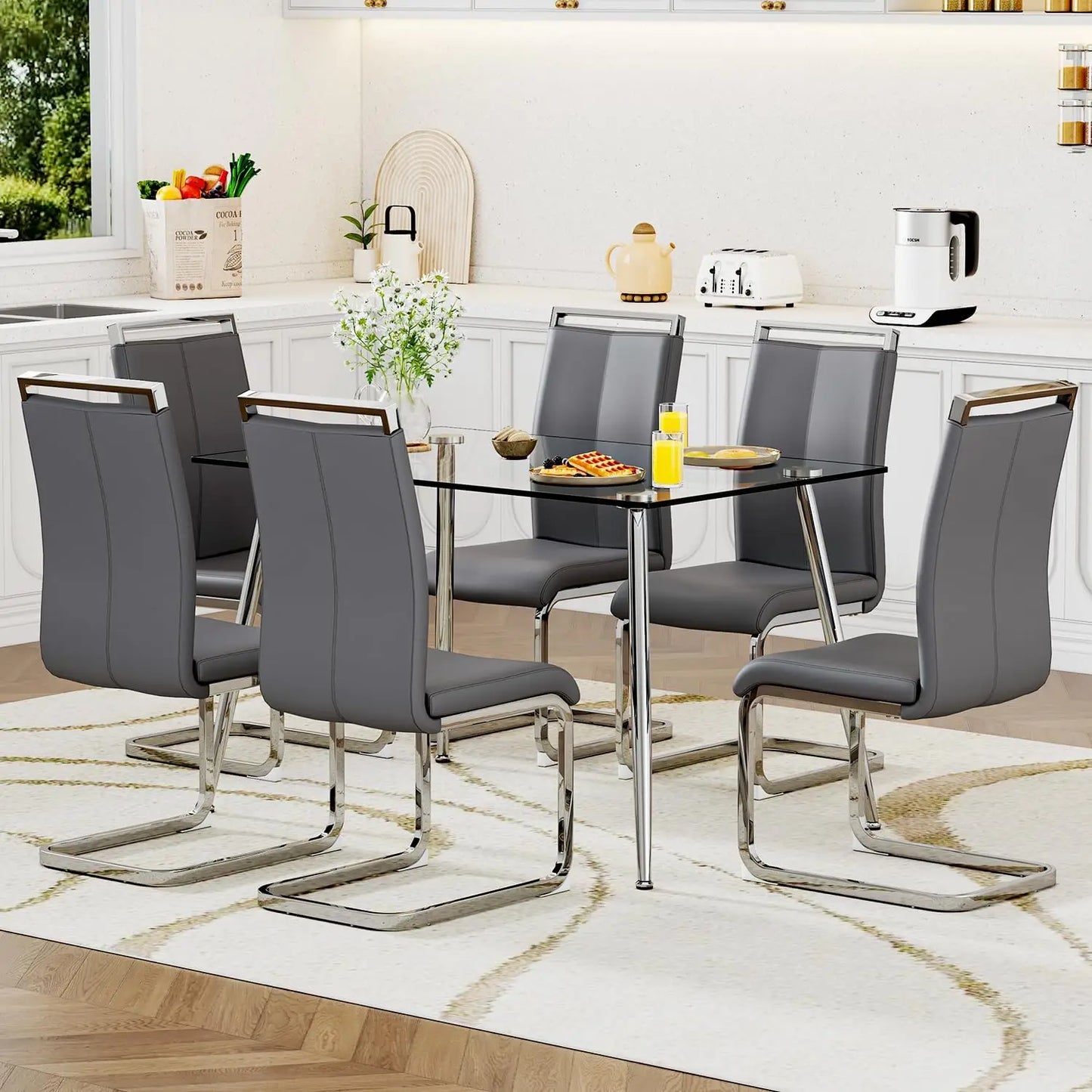 Glass Dining Table Set for 4,5 Piece Dining Table and Chairs Set，Modern Kitchen Dining Room Table with 4 Black PU Leather