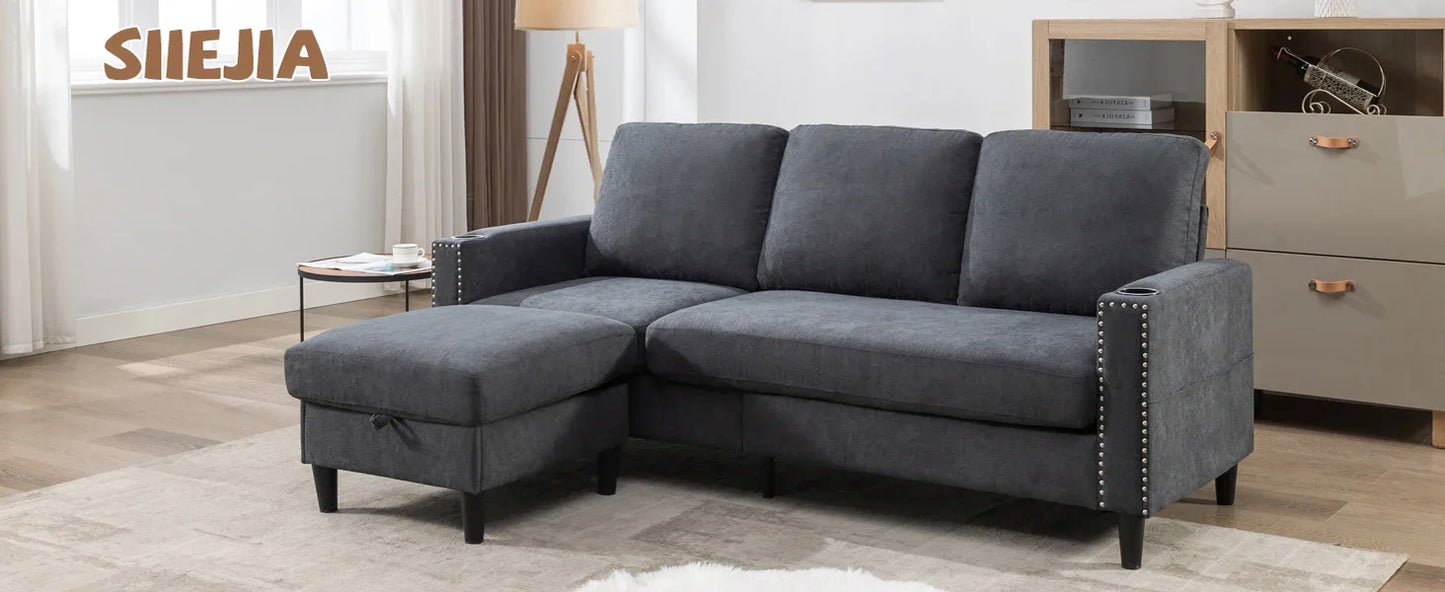 Convertible Sectional Couches for Living Room, L-Shaped Couch 3 Seats Sofas with Storage Chaise & 2 Cup Holders, Small Sofa
