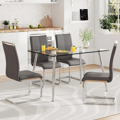 Glass Dining Table Set for 4,5 Piece Dining Table and Chairs Set，Modern Kitchen Dining Room Table with 4 Black PU Leather