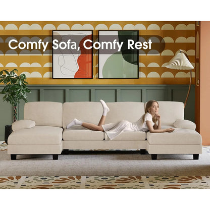 Sectional Couches for Living Room,U-Shaped Couch w/ Linen Fabric, 4 Seat Sofa Set w/ Double Chaise for Apartment (Fabric, White)