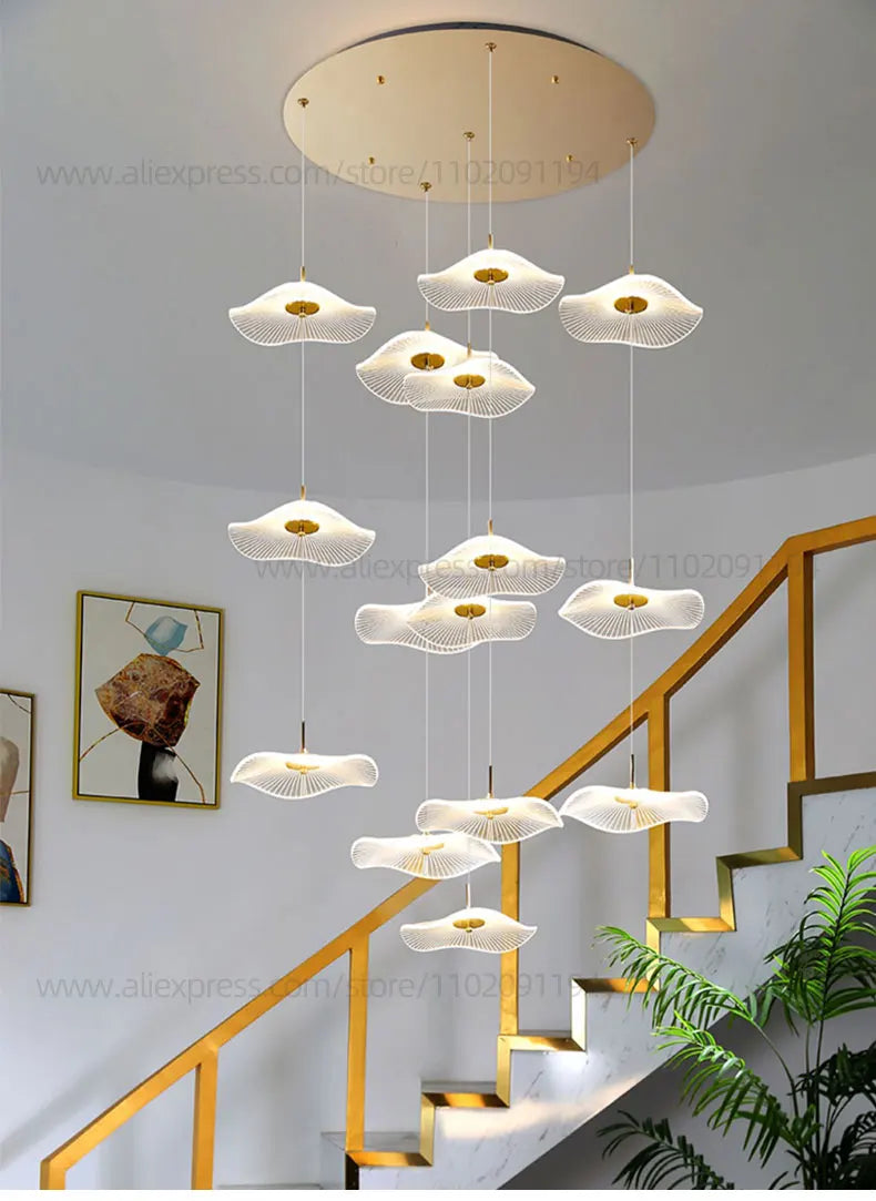 Led Staircase Pendant Lamp Modern Circular Lotus Leaf Living Room Chandelier Designer Villa Style Large Penthouse Chandelier