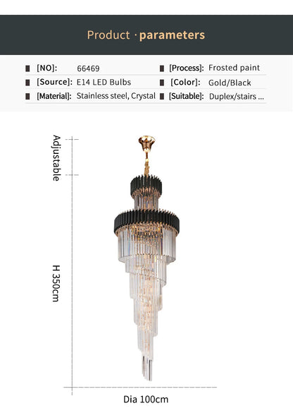 Large Top Long Crystal Led Chandeliers Hotel Hall Living Room Luxury Multi-layer Staircase Lighting Black Stainless Steel Light