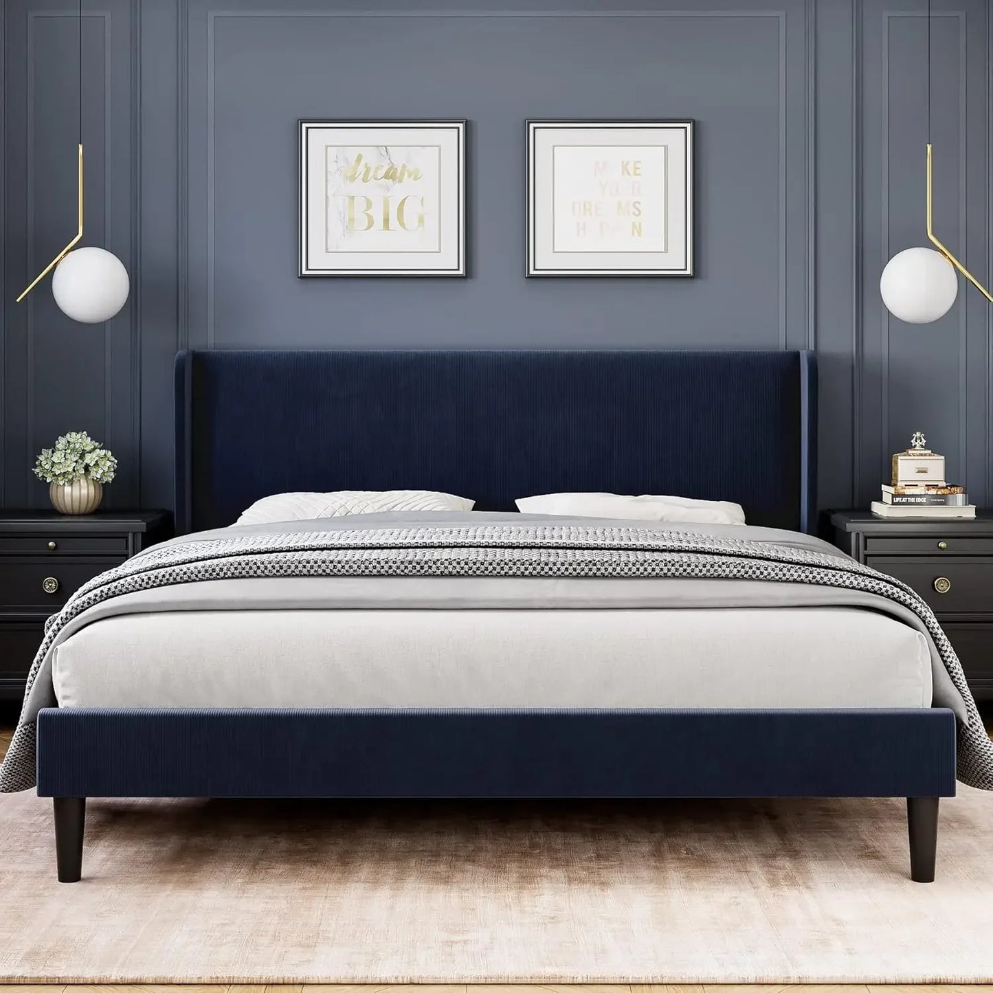 Bed Frame with Wingback & 2 Storage Pockets,  Upholstered Headboard, Solid Wood Slats Support, Velvet Platform Beds Bedroom