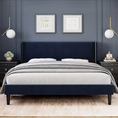 Bed Frame with Wingback & 2 Storage Pockets,  Upholstered Headboard, Solid Wood Slats Support, Velvet Platform Beds Bedroom