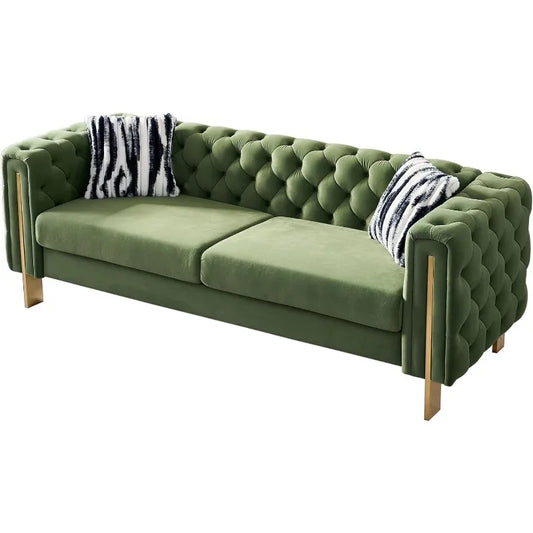 Modern Velvet Sofa for Living Room, 84 Inches Long Tufted Couch Upholstered Sofa with 2 Pillows High Arm and Metal Legs Decor