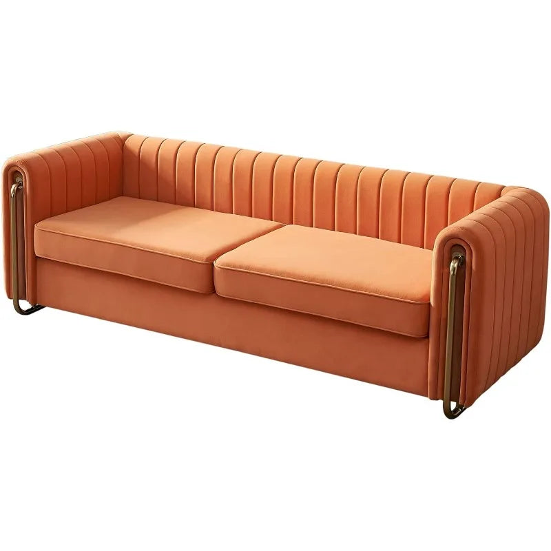 Modern Velvet Sofa for Living Room, 84 Inches Long Tufted Couch Upholstered Sofa with 2 Pillows High Arm and Metal Legs Decor