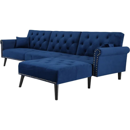 Sectional Sofa Right Hand Facing Velvet Button Tufted, L Shape Chaise with Nail Head Detail, Sofa