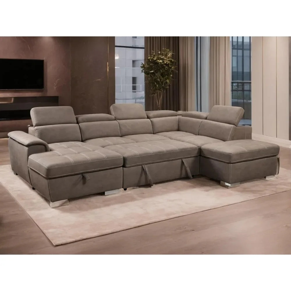 Wohnzimmer Sofas,U-Shaped Sectional Sofa with Pull-Out Bed, Adjustable Headrests, and Storage Chaise, U-Shaped Sectional Sofa