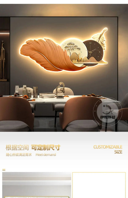 Modern Feather Wall Decor Deer Living Room Luxury Wall Accents Coffee Bar Art Home Mural Elegant Room Ornaments wall clock