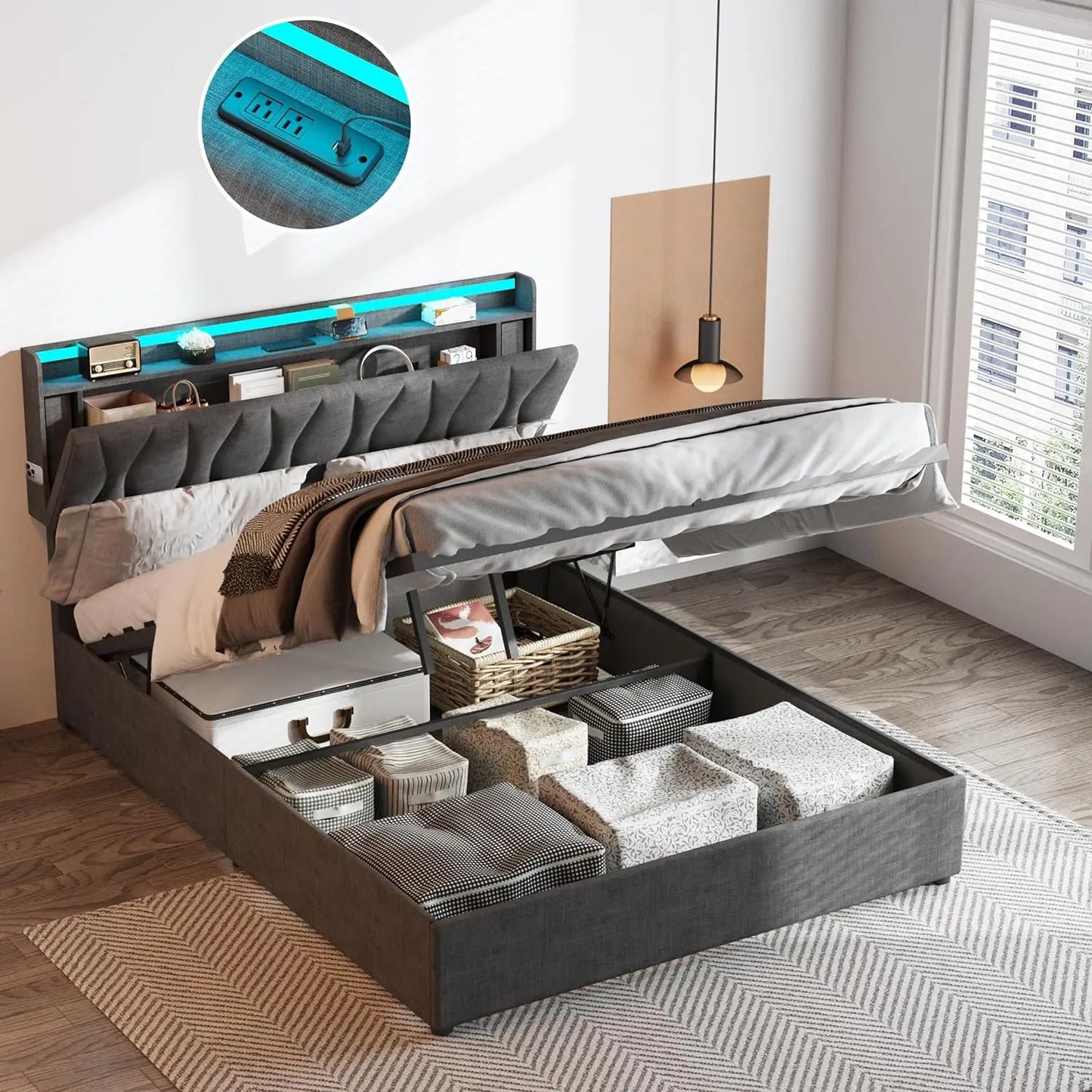 bedstead King Size Lift Up Storage, Height Adjustable Storage Headboard with Charging Station, LED Lights Platform Bed, bedstead