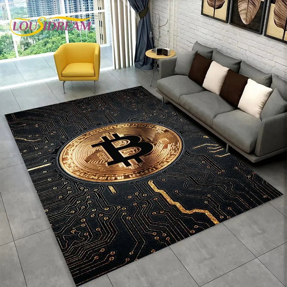 3D Bitcoin Virtual Currency Area Rug Large, Carpet Rug for Living Room Bedroom Sofa Playroom Doormat Decor, Kid Non-slip Floor Mat
