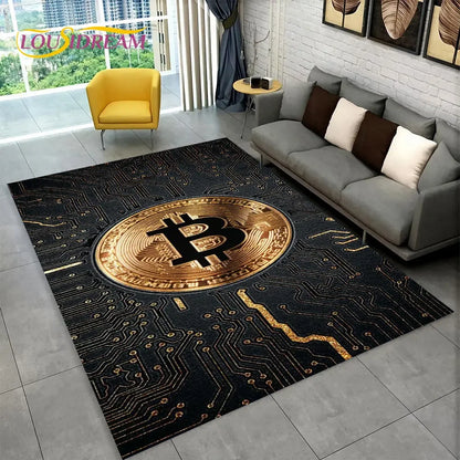 3D Bitcoin Virtual Currency Area Rug Large, Carpet Rug for Living Room Bedroom Sofa Playroom Doormat Decor, Kid Non-slip Floor Mat