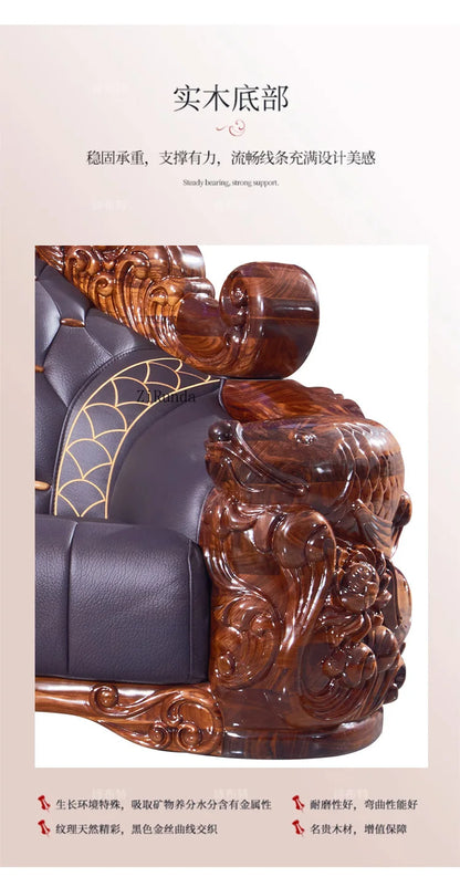 Ebony sofa leather combination, living room villa luxury solid wood furniture