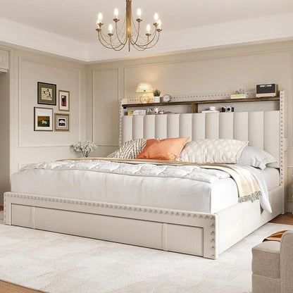 Bed Frame with 3 Drawers, Upholstered Queen, King and Full Size Bed Frame with Headboard and Storage, No-Noise, Easy Assembly