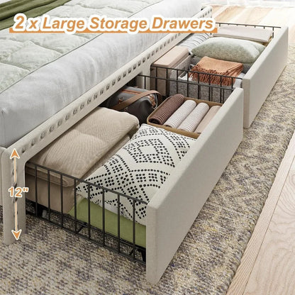 Queen Bed Frame with Headboard and Storage, Upholstered Queen Bed Frame with Storage, Queen Size Bed Frame with 2 Drawer