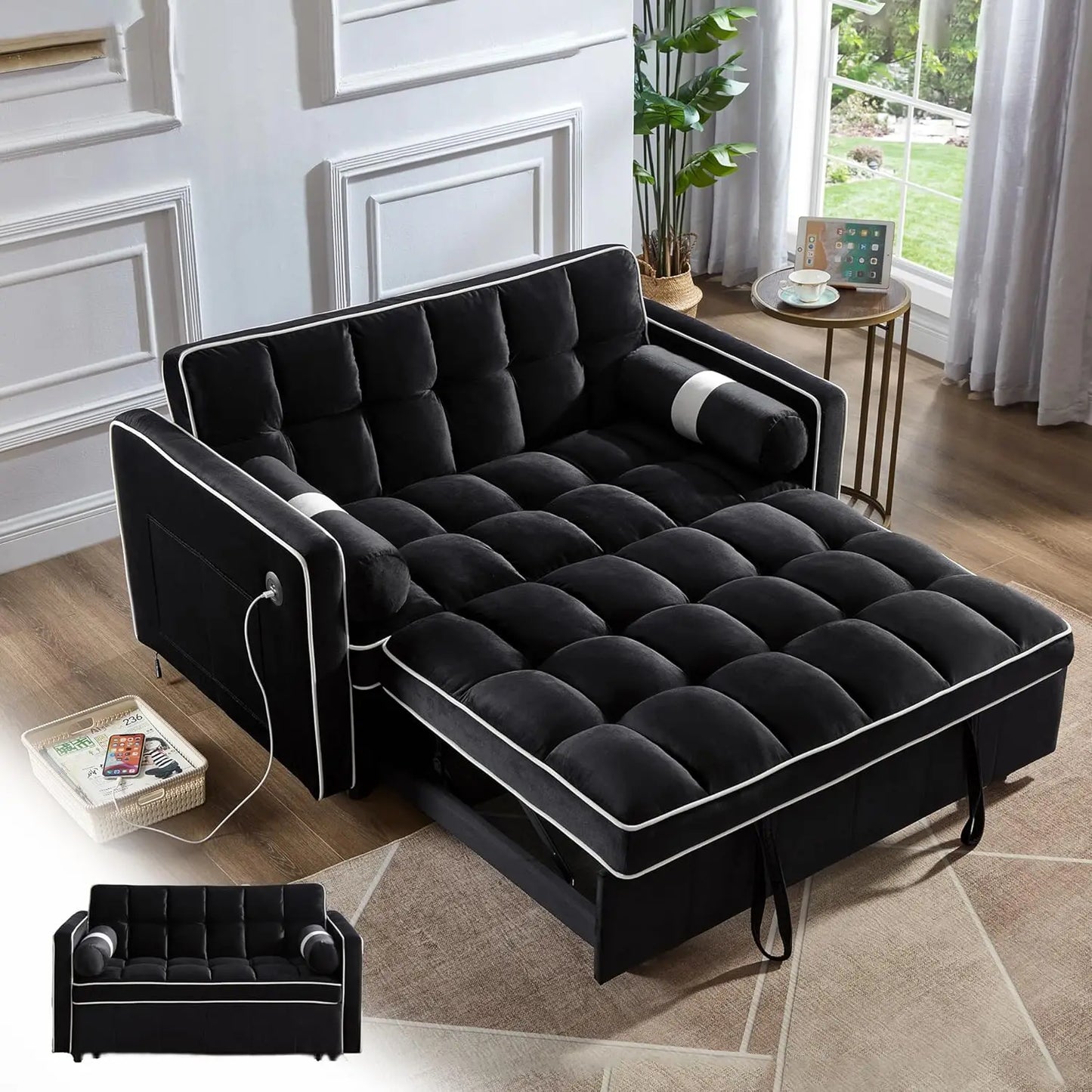 3 in 1 Pull Out Convertible Sofa Bed-Velvet Sleeper Sofa with 3Level Adjustable Backrest,Tufted Love Seat w/ 2Pockets ＆ 2Pillows