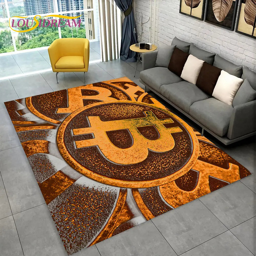 3D Bitcoin Virtual Currency Area Rug Large, Carpet Rug for Living Room Bedroom Sofa Playroom Doormat Decor, Kid Non-slip Floor Mat