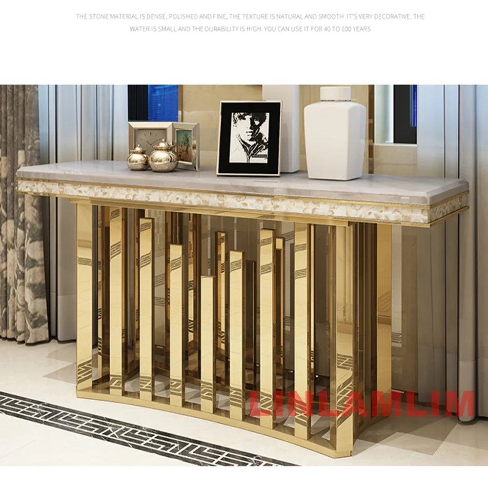 MINGDIBAO Dining Side Table with Sticking Seashells, Natural Marble Stainless Gold End Table, Handmade Coastal Style Furniture