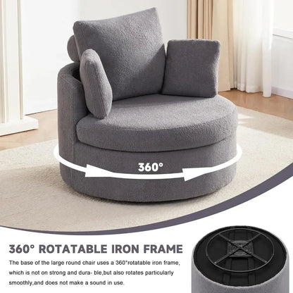 Round Oversized Swivel Barrel Chair with Base Storage for Living Room, 360°Modern Swivel Accent Chair with 3 Pillows for Home