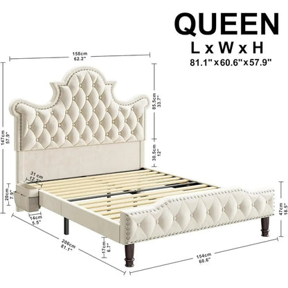 Queen Size LED Bed Frame,Queen with 58"Tall Tufted Headboard,Sturdy and Noiseless,Cream Bed Frame,sturdy durable materials