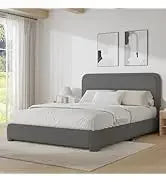 King and Headboard,Boucle Upholstered Platform Bed Frame,Modern Style,Soft Rounded Corners,No Box Spring Required,Easy