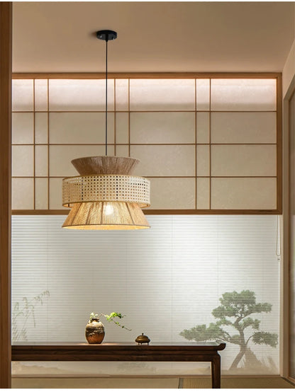 Vintage Wabi Sabi Chandelier Handmade Hemp Rope Pendant Light for Restaurant Bar Cafe Dining Room Led Rattan Lamp
