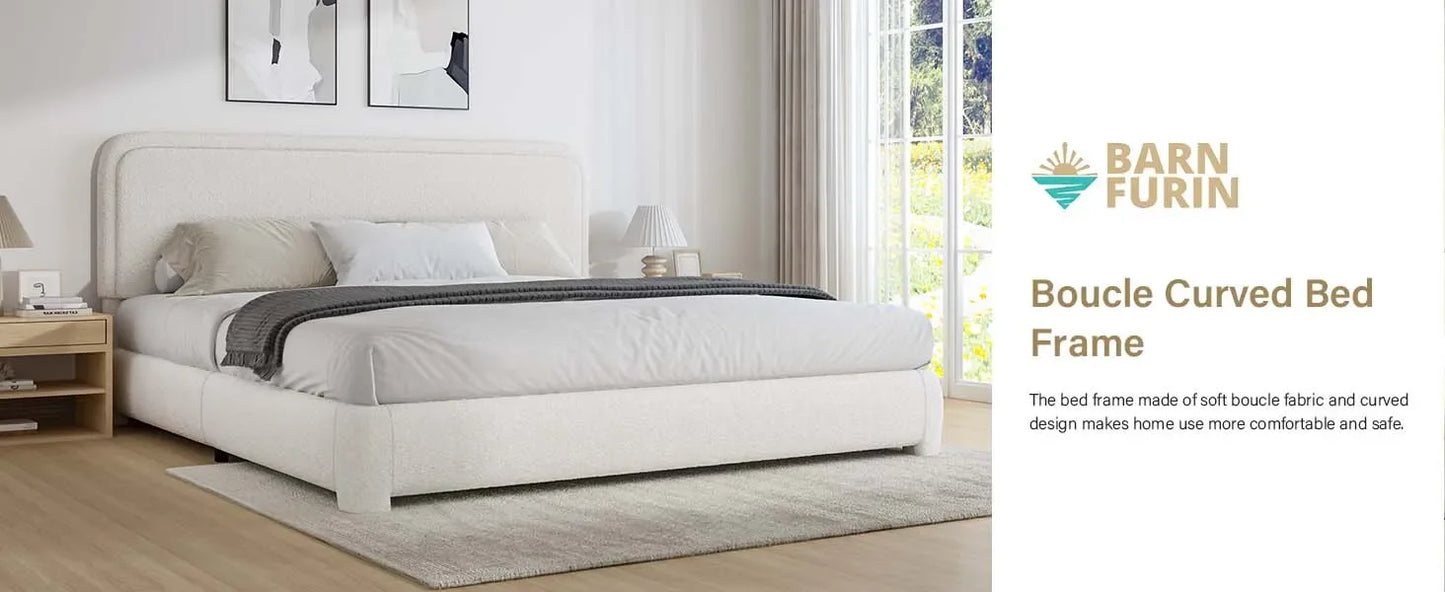 King and Headboard,Boucle Upholstered Platform Bed Frame,Modern Style,Soft Rounded Corners,No Box Spring Required,Easy