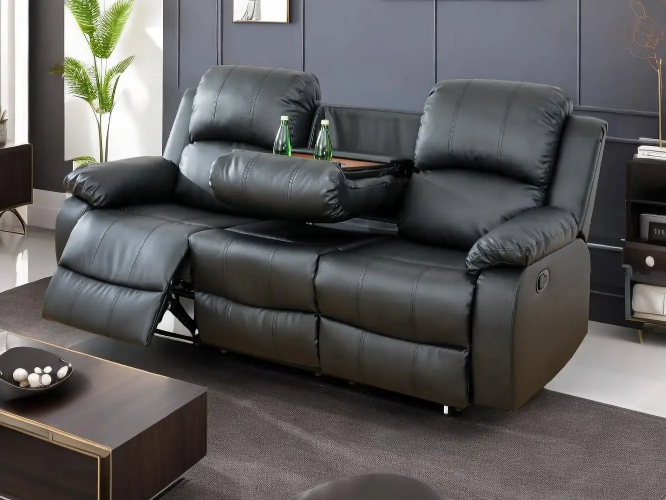 Beige Recliner Sofa Set, Manual Reclining Sofa Living Room Furniture Sets Bonded Leather Reclining sofas(Beige, 3PCS Set)
