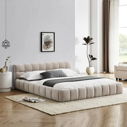 Queen Size Upholstered Grounded Bed with Bedside Desk and Stool,Upholstered Headboard,Grounded Upholstered Wood Base Bed Frame