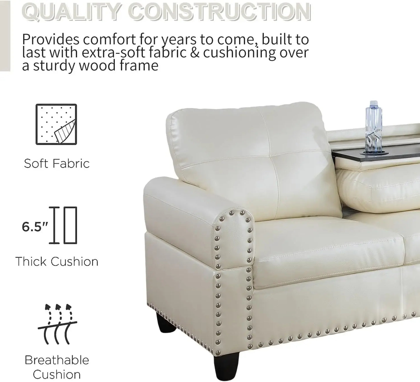 Shaped Sectional Couch with 70" Chaise Lounge, 98" Faux Leather Upholstered Modular Sofas with Right Armrest, Button Tufted