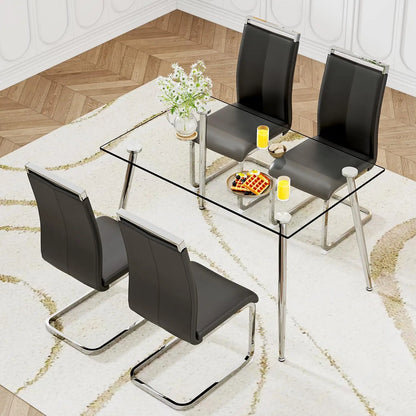 Glass Dining Table Set for 4,5 Piece Dining Table and Chairs Set，Modern Kitchen Dining Room Table with 4 Black PU Leather