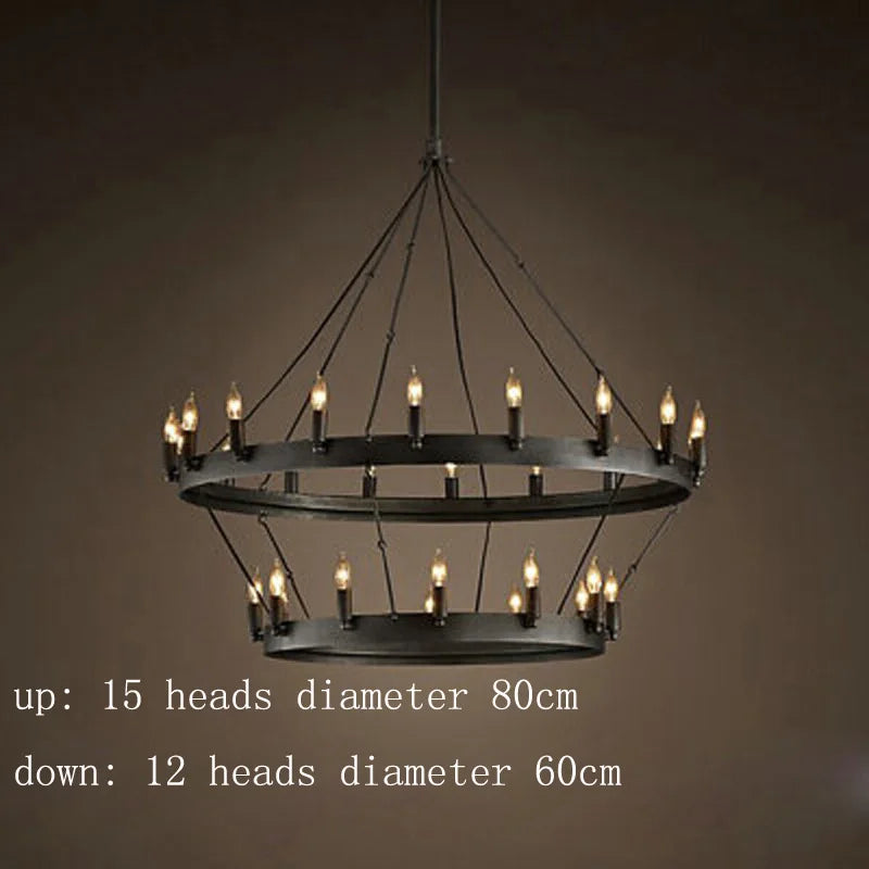 Modern American Retro Iron Pendant Lamp Vintage Industrial Led Droplight Round Cafe Restaurant Bar Knight Candle Chandelier