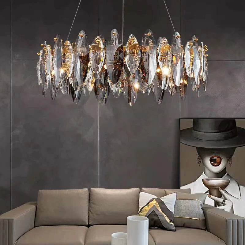 Modern Grey Clear Crystal Chandelier Light Luxury LED Lamp Fixture For Living Dining Room Winfordo Lighting