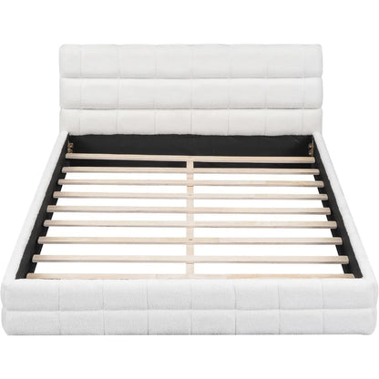 Large Cushioned Platform Bed Frame, Berber Wool Cushioned Grounded Bed with Solid Frame and Tufted Headboard