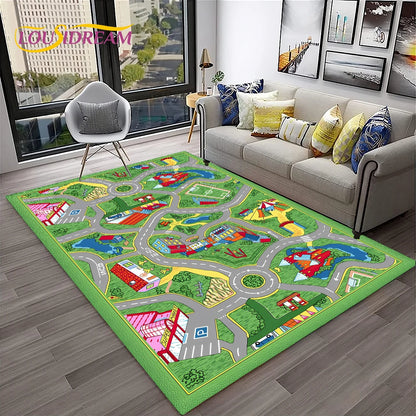 Child Playmat Traffic Highway City Playroom Carpet Rug for Home Living Room Bedroom Doormat Decor, Area Rug Non-slip Floor Mat