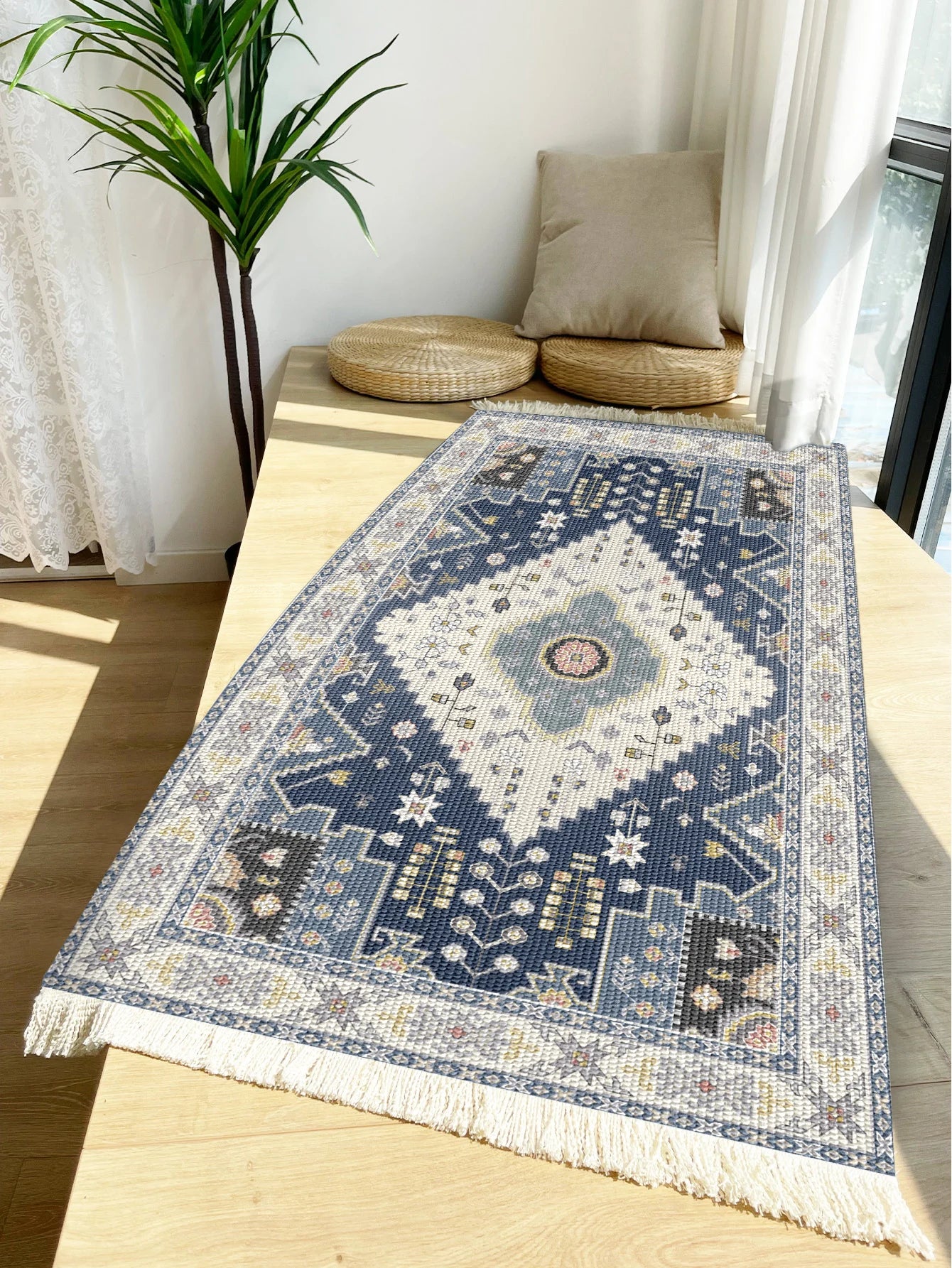Handwoven cotton linen carpet retro Bohemian style square bedside geometric floor mat living room home decoration Bohemian manda