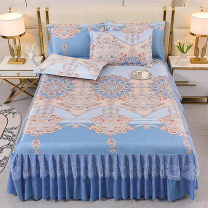 3pcs Set Luxury Classic Floral Bed Skirt with Pillowcase, Ice Silk Flower Print Bedding Set for Dorm, Bedroom, Guest Room Decor