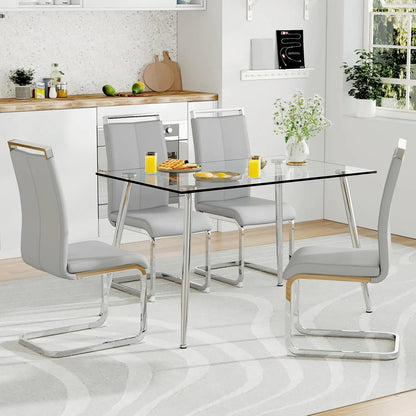Glass Dining Table Set for 4,5 Piece Dining Table and Chairs Set，Modern Kitchen Dining Room Table with 4 Black PU Leather