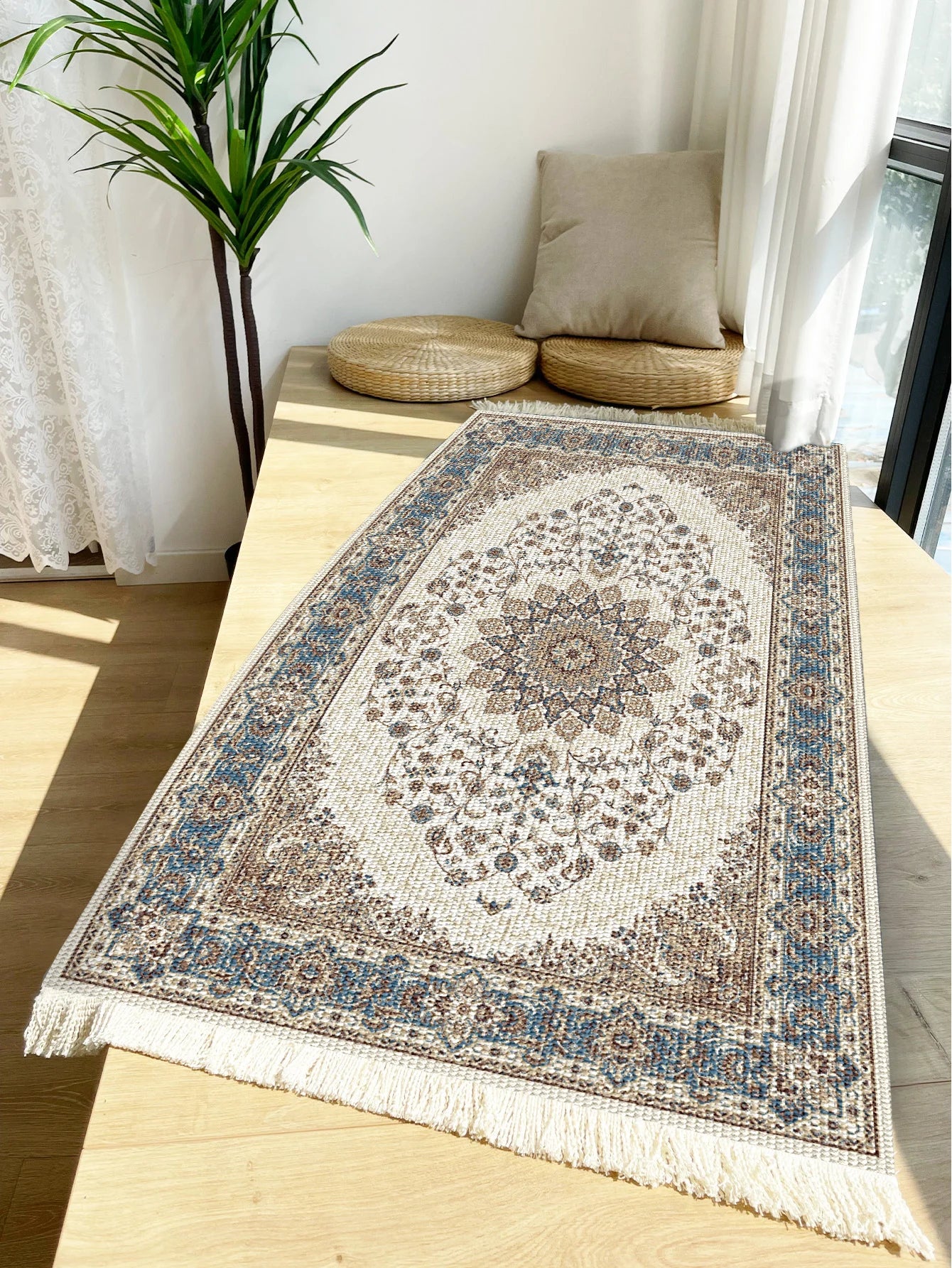 Handwoven cotton linen carpet retro Bohemian style square bedside geometric floor mat living room home decoration Bohemian manda