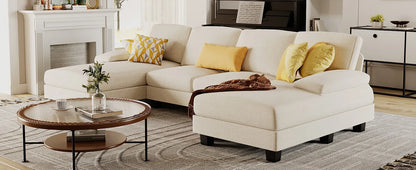 Sectional Couches for Living Room,U-Shaped Couch w/ Linen Fabric, 4 Seat Sofa Set w/ Double Chaise for Apartment (Fabric, White)